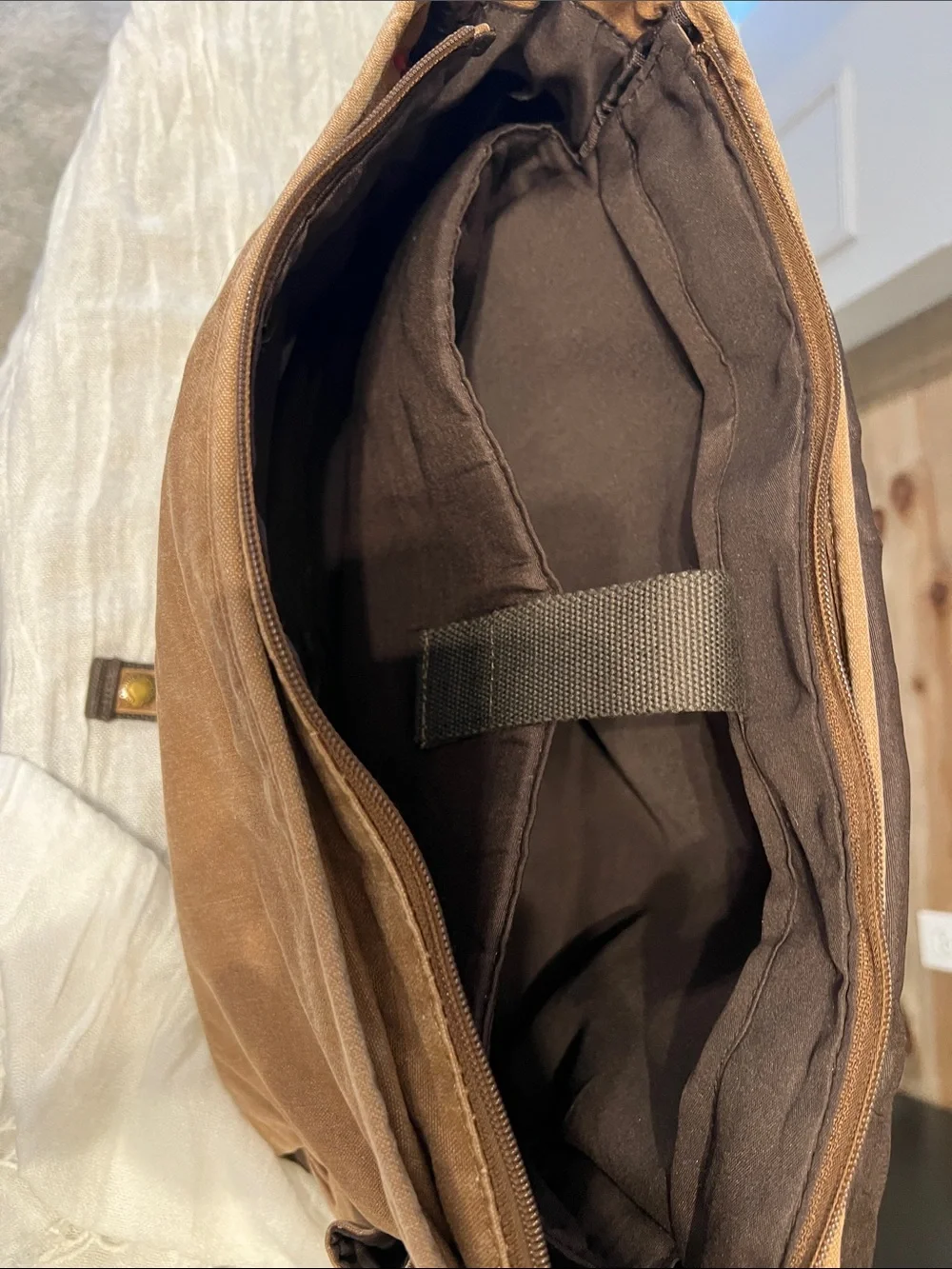 Dri Duck brown denim laptop messenger bag with multiple pockets adj strap